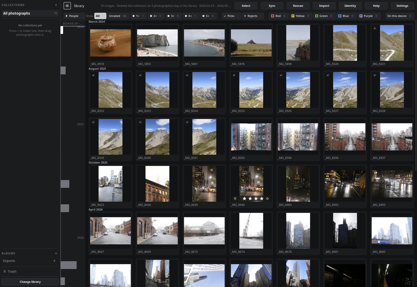 The grid: collections on the left, the timeline beside it, the roll of thumbnails, and the filter bar above